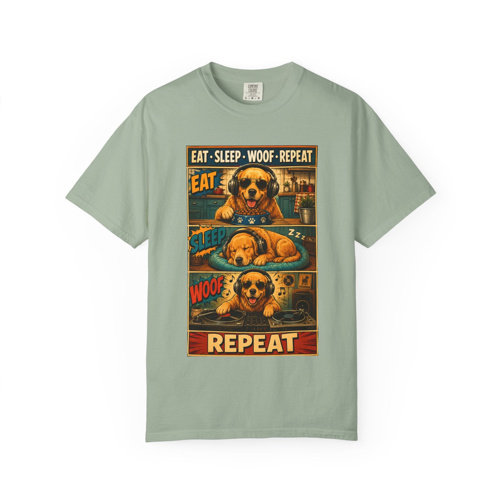 Vintage Comic Golden Retriever T-Shirt — "EAT • SLEEP • WOOF • REPEAT"
