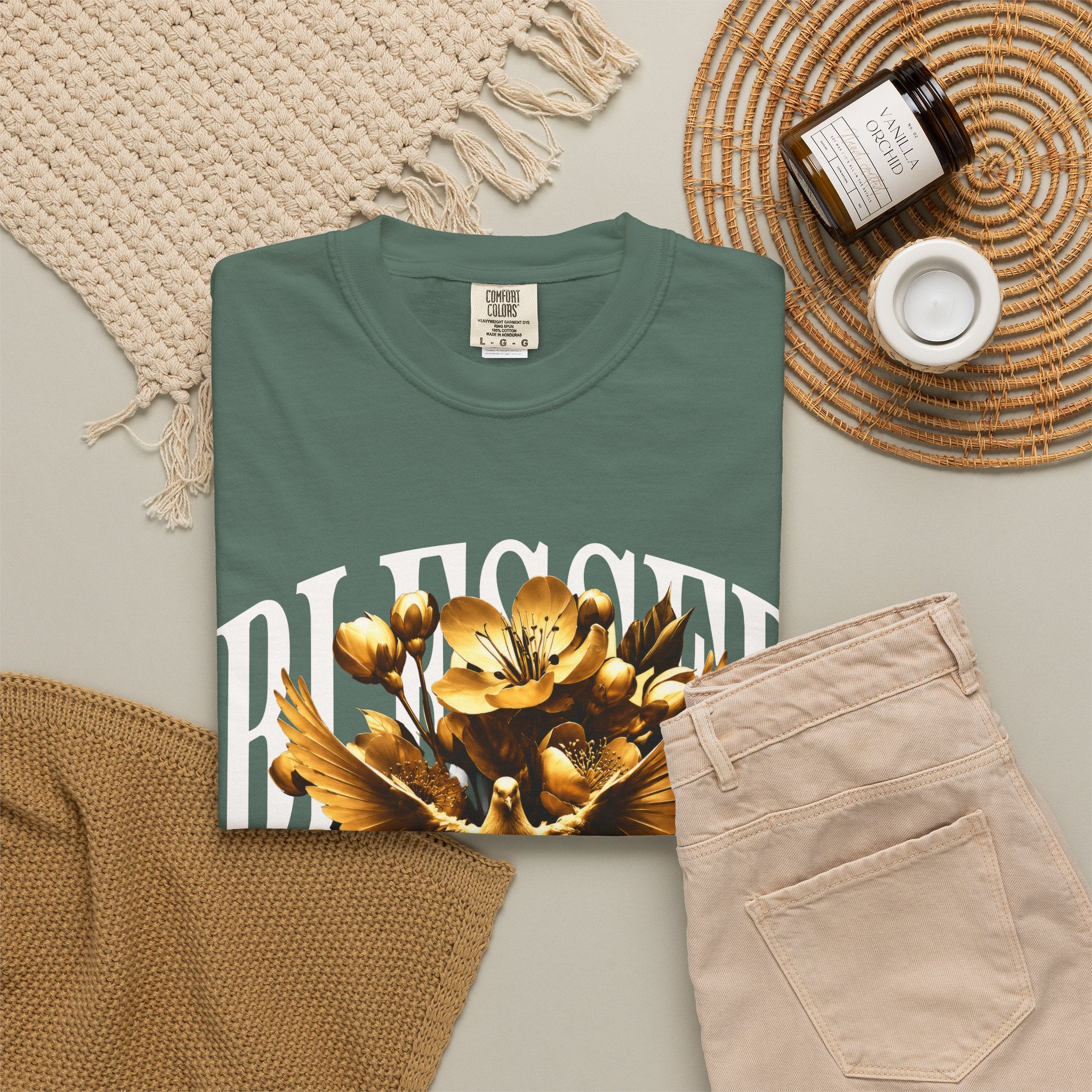 Blessed Forever™ Graphic T-Shirt — Gold Dove & Floral