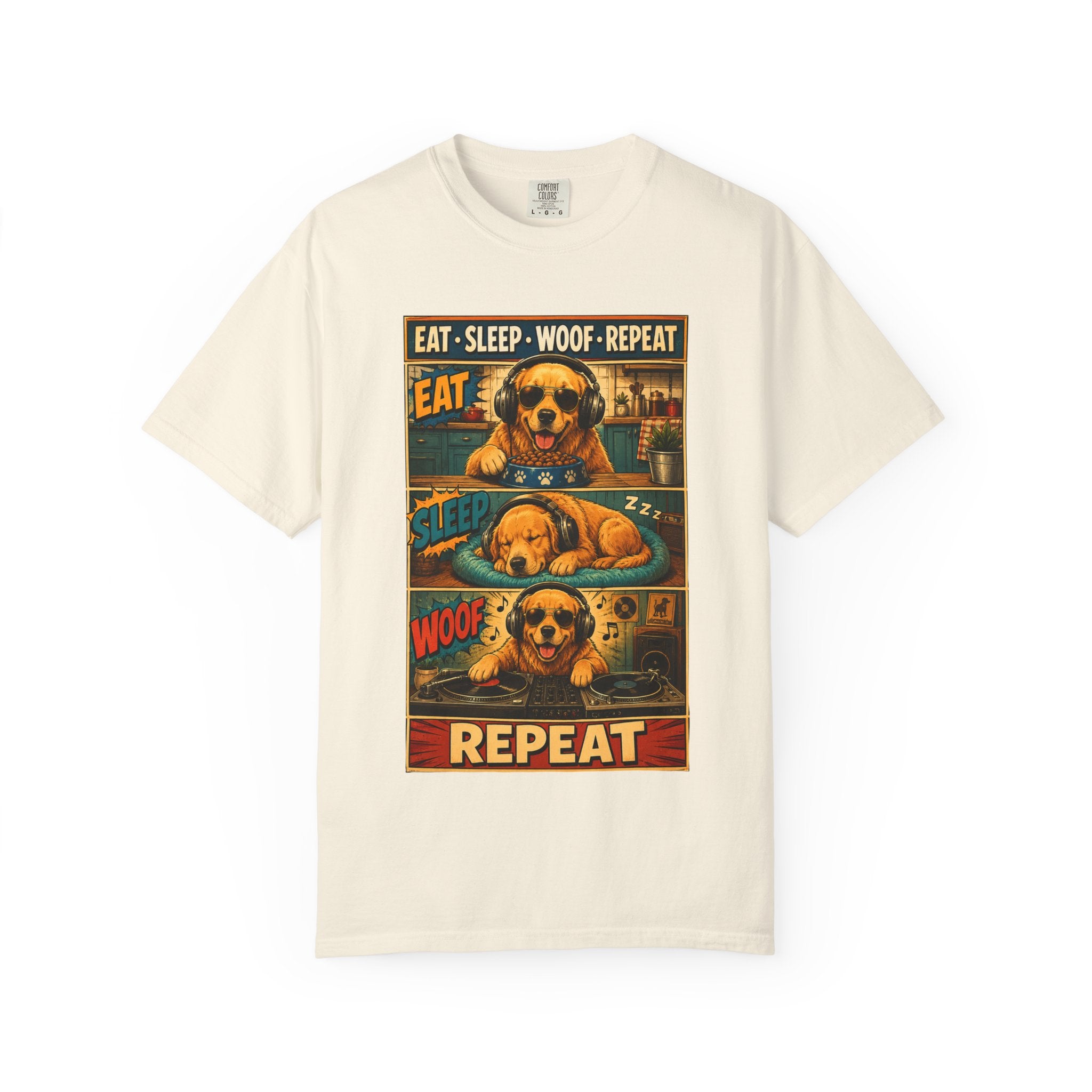 Vintage Comic Golden Retriever T-Shirt — "EAT • SLEEP • WOOF • REPEAT"