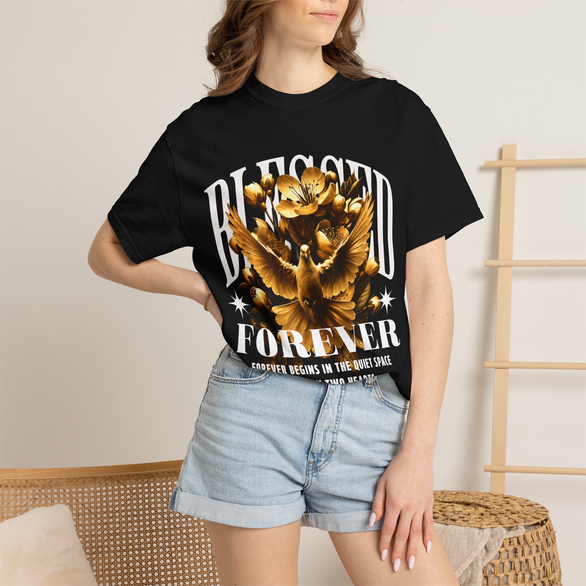 Blessed Forever™ Graphic T-Shirt — Gold Dove & Floral