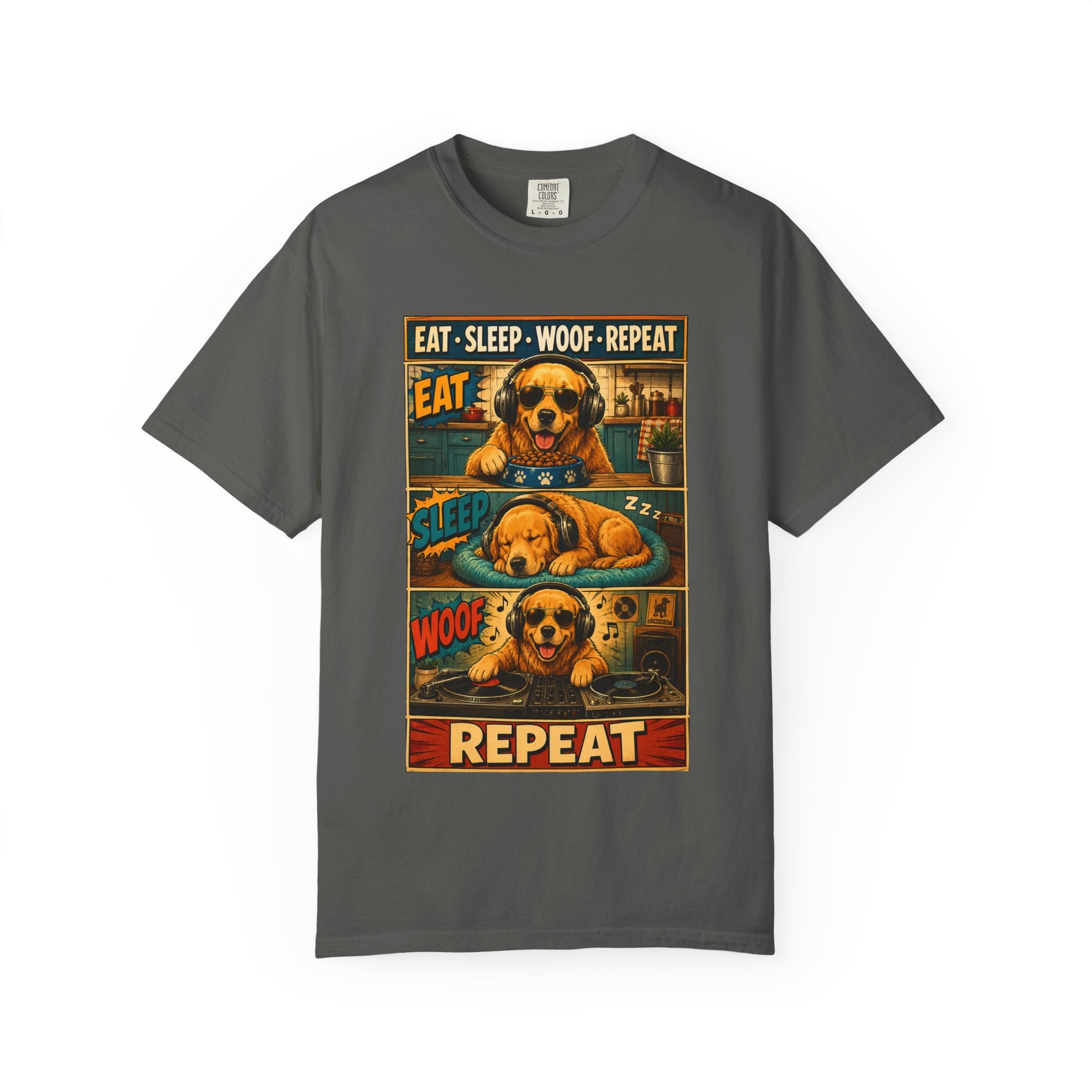 Vintage Comic Golden Retriever T-Shirt — "EAT • SLEEP • WOOF • REPEAT"