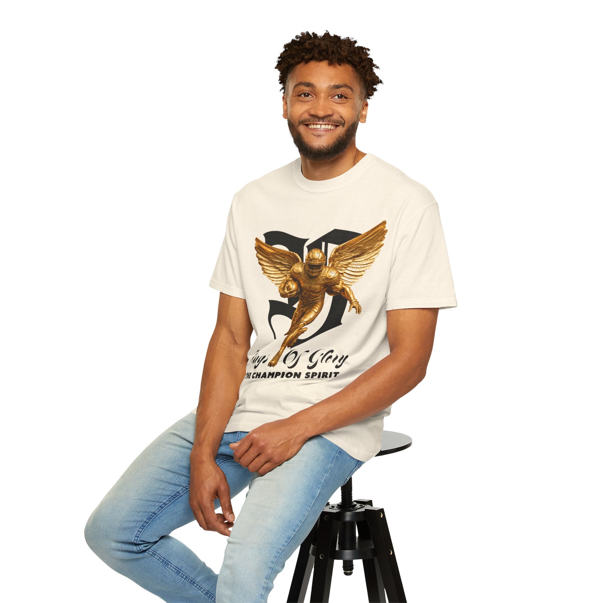 Wings of Glory™ Champion Spirit T-Shirt — Gold Winged Football Warrior Graphic