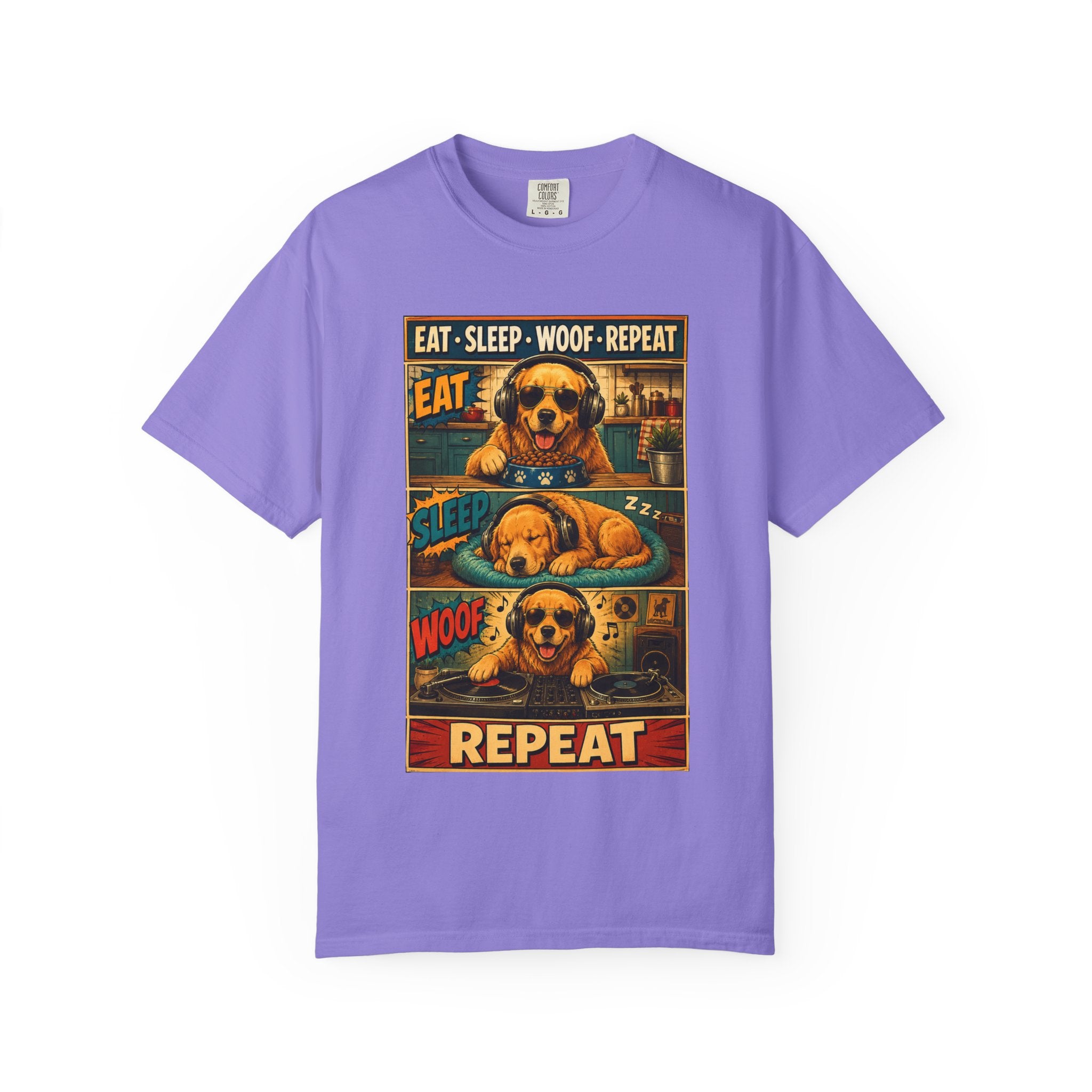 Vintage Comic Golden Retriever T-Shirt — "EAT • SLEEP • WOOF • REPEAT"