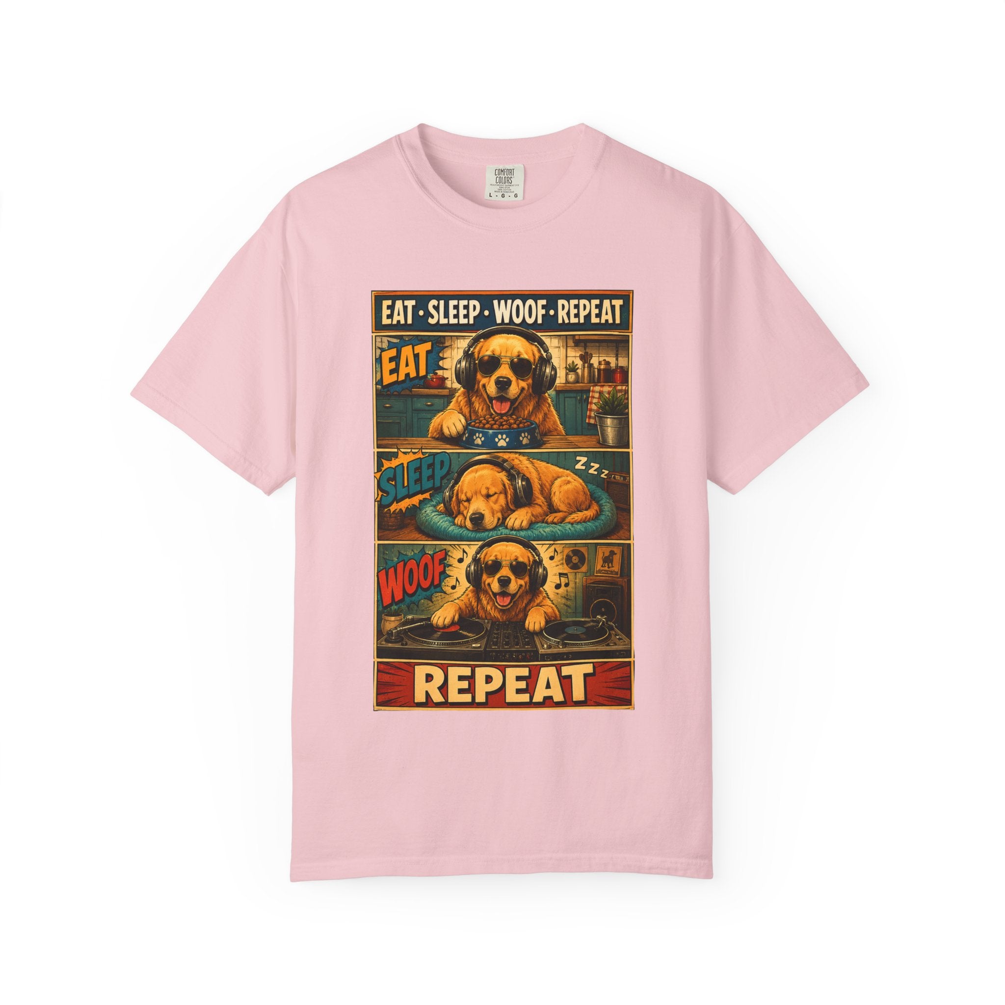 Vintage Comic Golden Retriever T-Shirt — "EAT • SLEEP • WOOF • REPEAT"