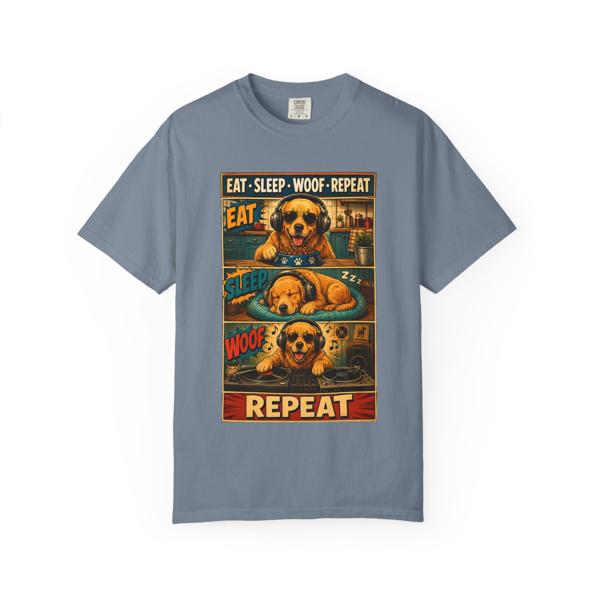 Vintage Comic Golden Retriever T-Shirt — "EAT • SLEEP • WOOF • REPEAT"
