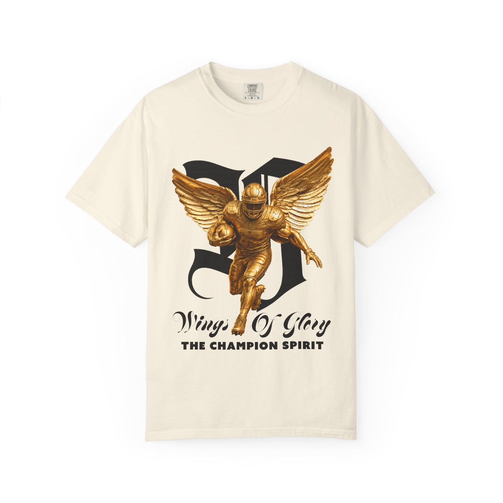 Wings of Glory™ Champion Spirit T-Shirt — Gold Winged Football Warrior Graphic