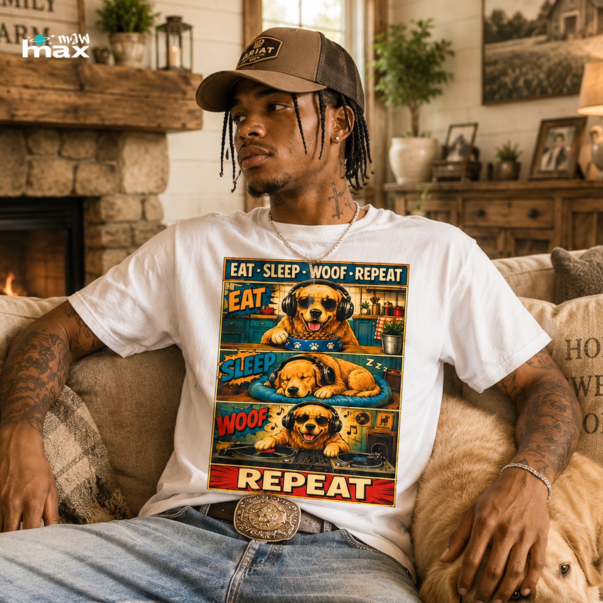 Vintage Comic Golden Retriever T-Shirt — "EAT • SLEEP • WOOF • REPEAT"