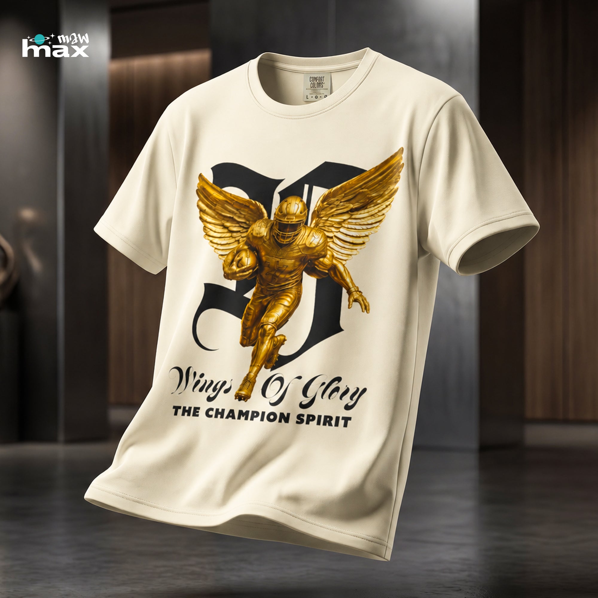 Wings of Glory™ Champion Spirit T-Shirt — Gold Winged Football Warrior Graphic