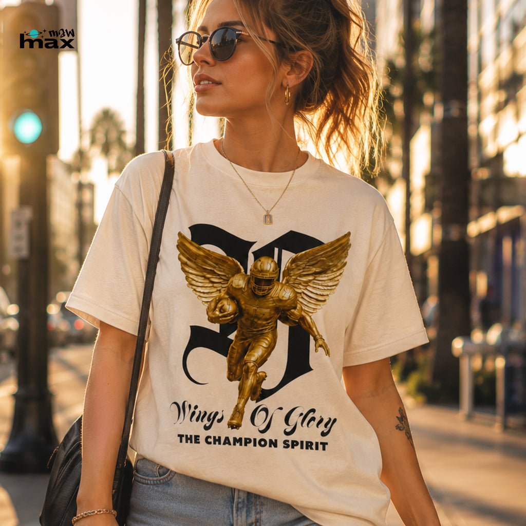 Wings of Glory™ Champion Spirit T-Shirt — Gold Winged Football Warrior Graphic