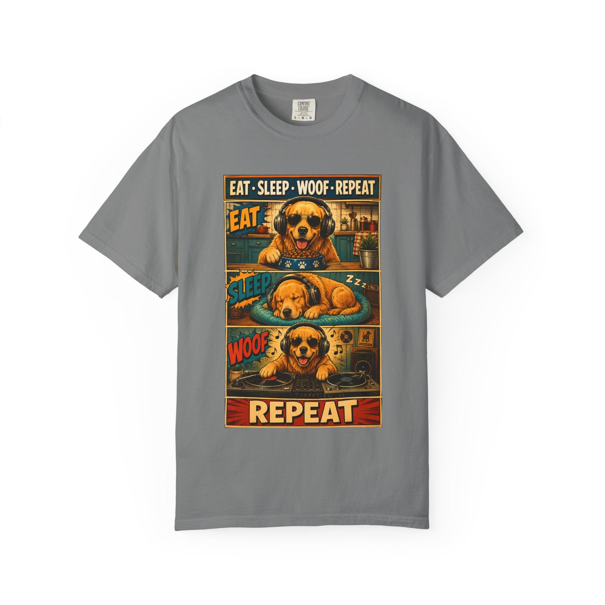 Vintage Comic Golden Retriever T-Shirt — "EAT • SLEEP • WOOF • REPEAT"
