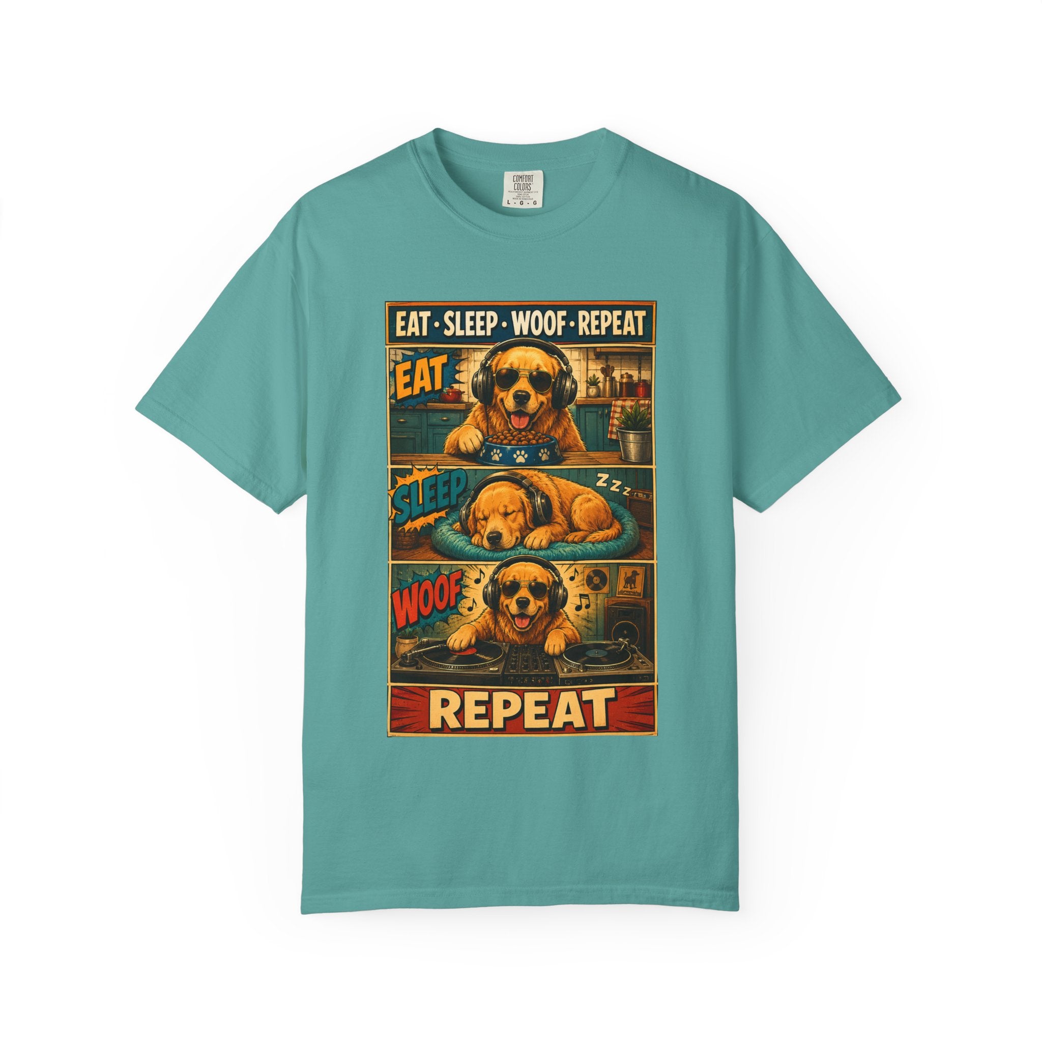 Vintage Comic Golden Retriever T-Shirt — "EAT • SLEEP • WOOF • REPEAT"