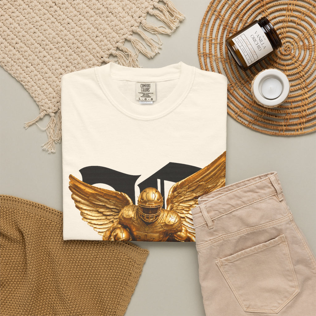 Wings of Glory™ Champion Spirit T-Shirt — Gold Winged Football Warrior Graphic