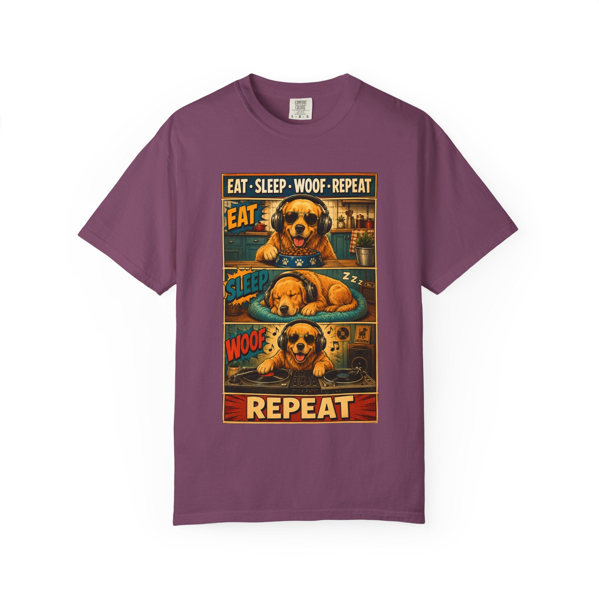 Vintage Comic Golden Retriever T-Shirt — "EAT • SLEEP • WOOF • REPEAT"