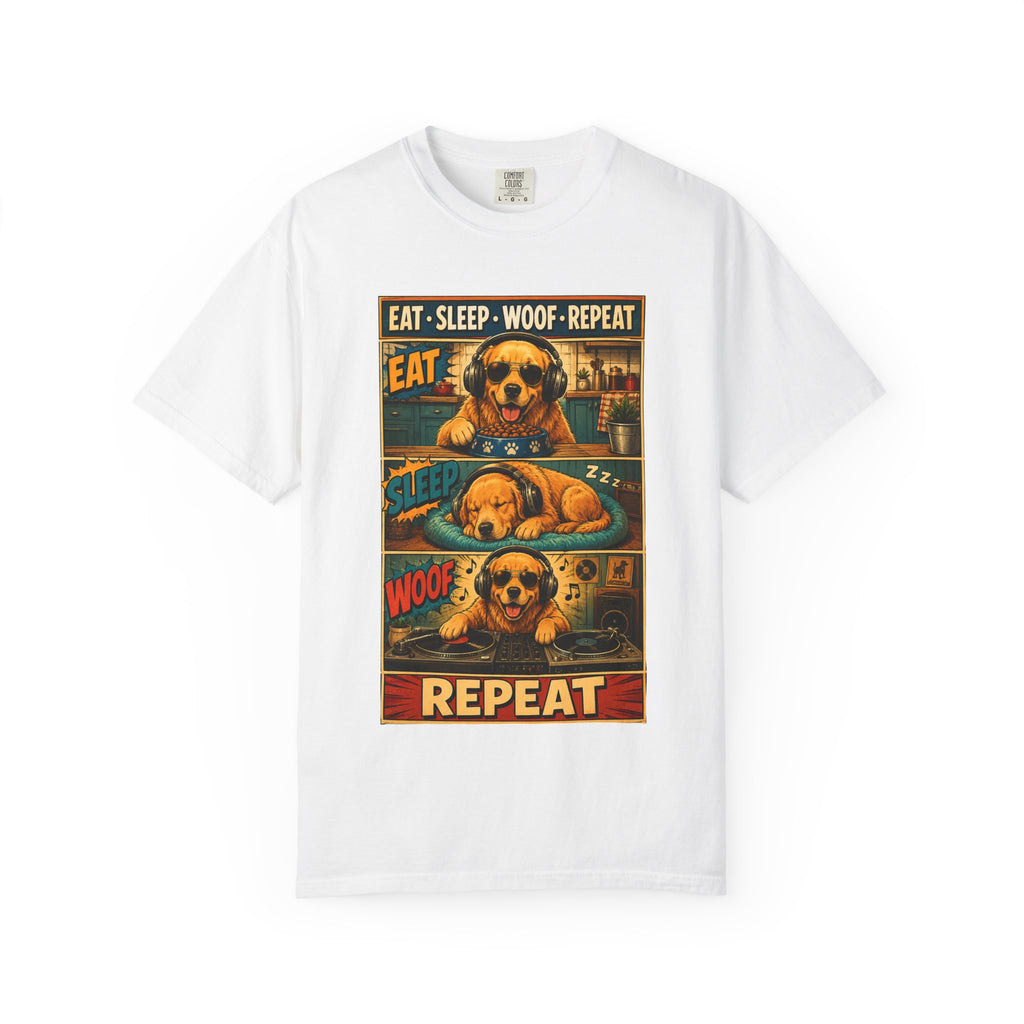 Vintage Comic Golden Retriever T-Shirt — "EAT • SLEEP • WOOF • REPEAT"
