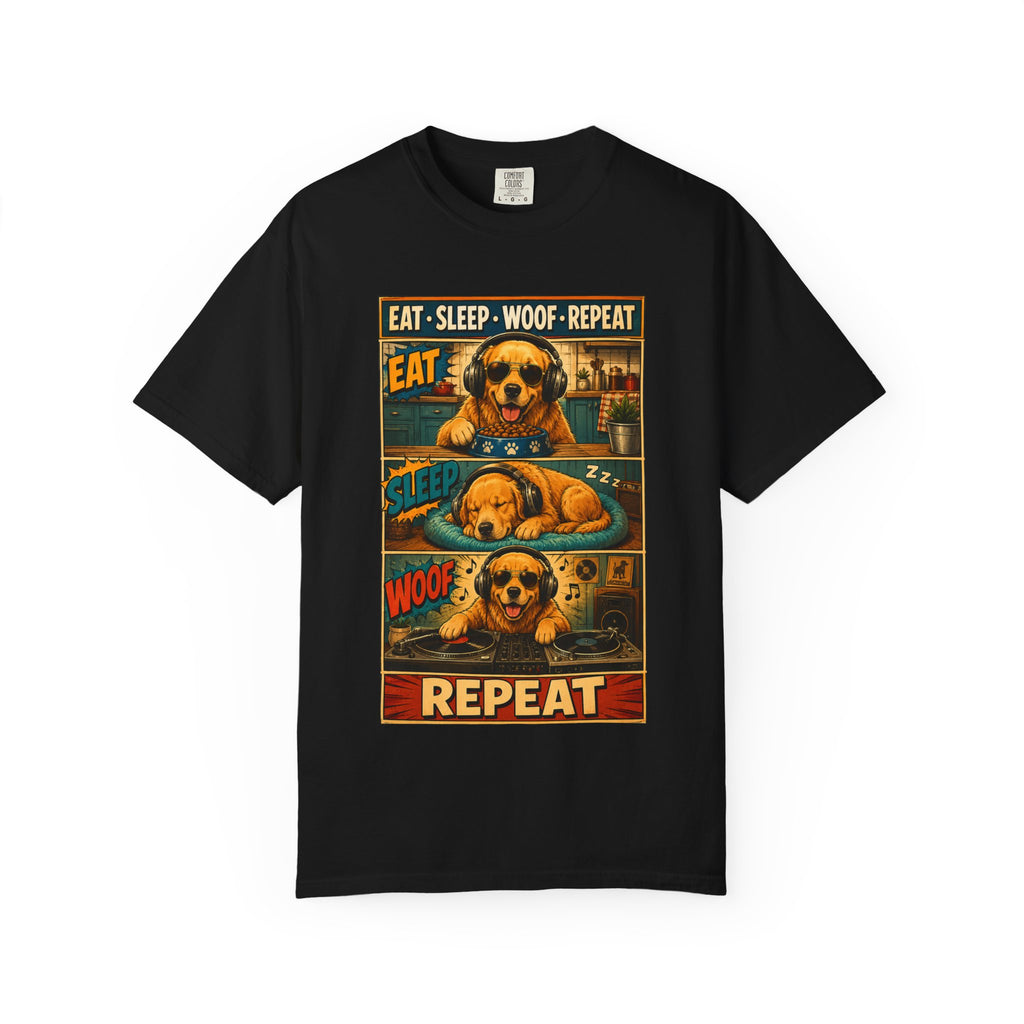 Vintage Comic Golden Retriever T-Shirt — "EAT • SLEEP • WOOF • REPEAT"