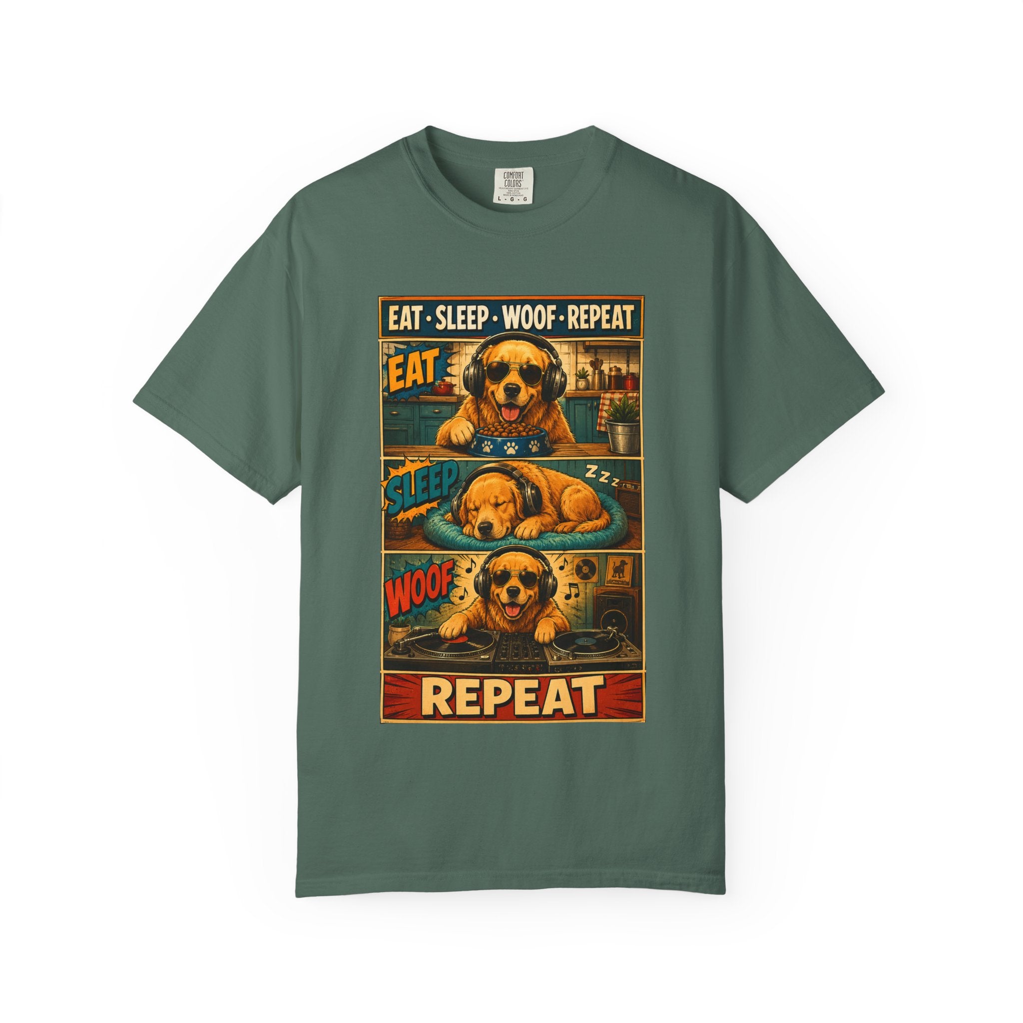 Vintage Comic Golden Retriever T-Shirt — "EAT • SLEEP • WOOF • REPEAT"