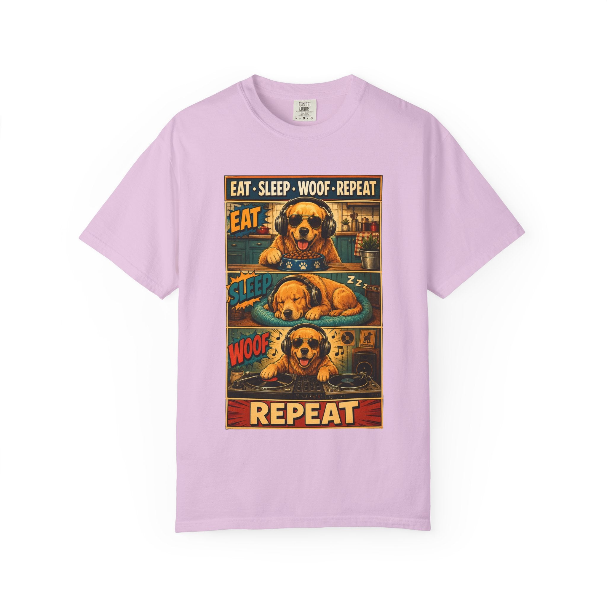 Vintage Comic Golden Retriever T-Shirt — "EAT • SLEEP • WOOF • REPEAT"