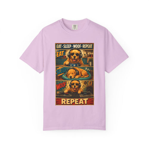 Vintage Comic Golden Retriever T-Shirt — "EAT • SLEEP • WOOF • REPEAT"