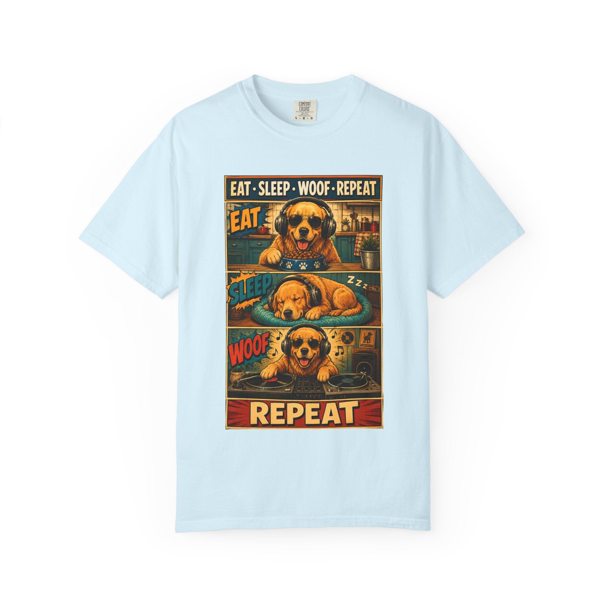Vintage Comic Golden Retriever T-Shirt — "EAT • SLEEP • WOOF • REPEAT"