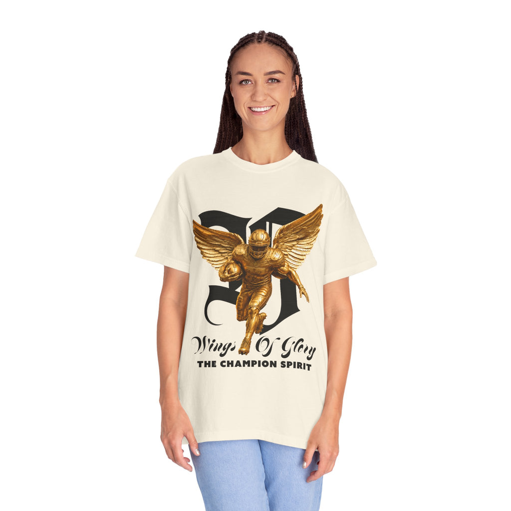 Wings of Glory™ Champion Spirit T-Shirt — Gold Winged Football Warrior Graphic